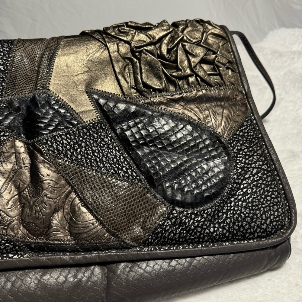 VTG Bags By Pinky Woven Patchwork Leather Shoulder Purse Metallic USA 80’s 90’s - Picture 2 of 16